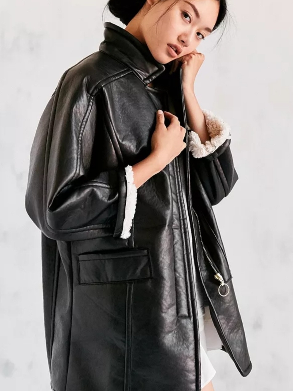 Silence + Noise Eddie Oversized Faux-Leather Sherpa Coat sz M